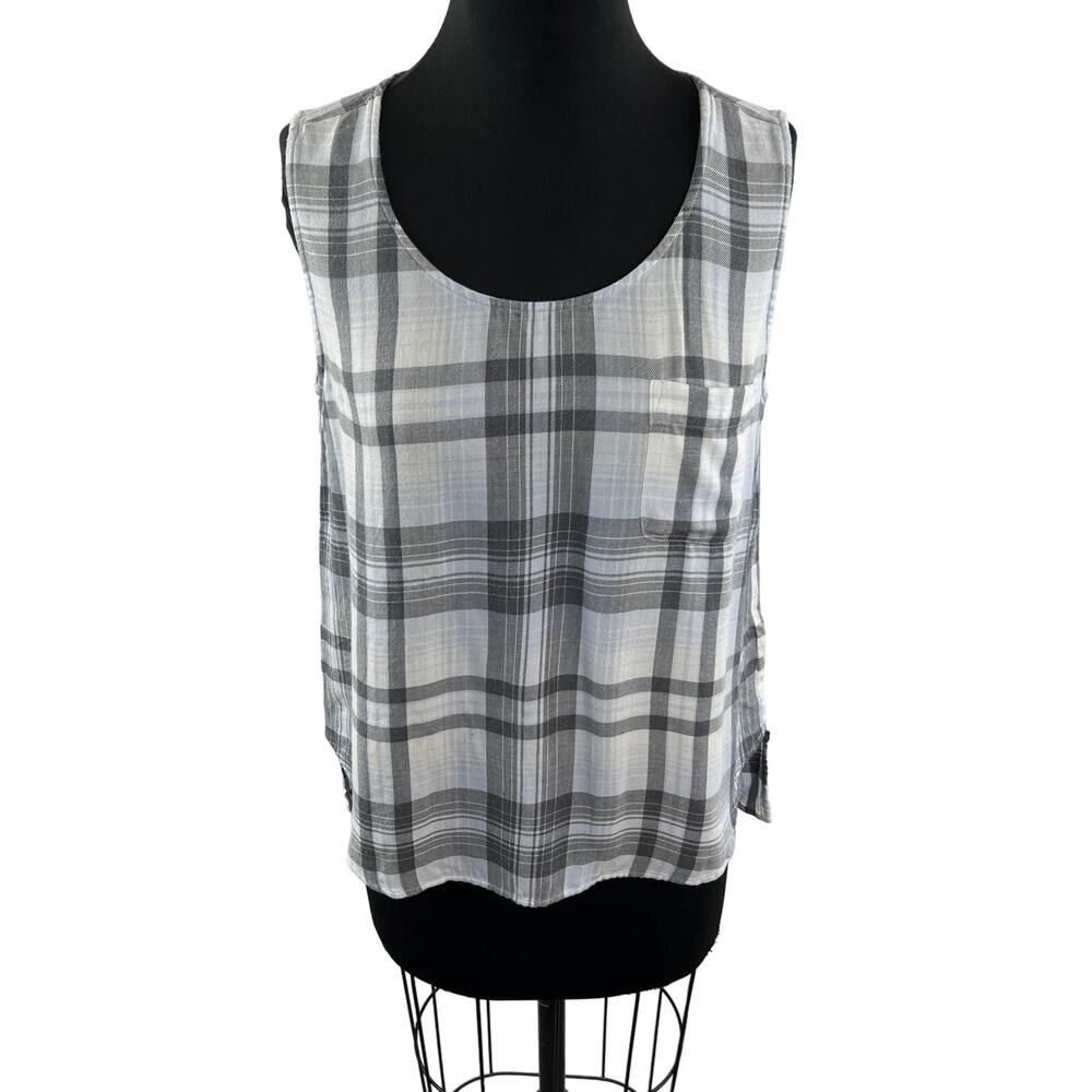 Cloth & Stone Sleeveless Top White Gray Plaid Scoop Neck Pullover Size M Medium